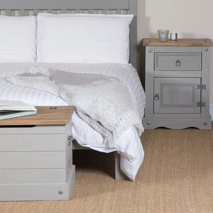 Grey / Brown Solid Pine Nightstand – 1 Door & 1 Drawer