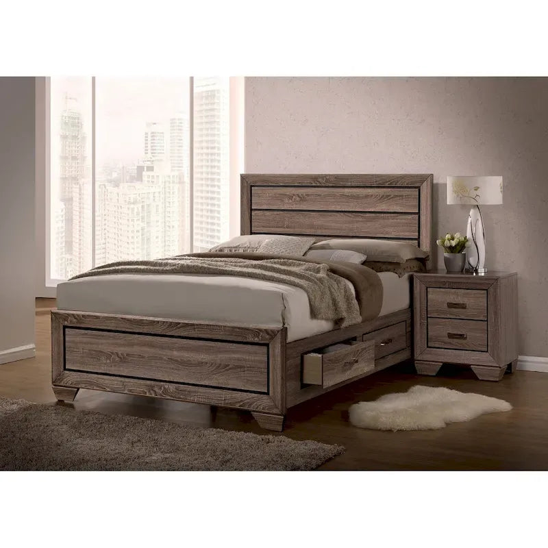 Washed Taupe Wood Grain Bed with Storage Drawers – Queen / King / Cal King