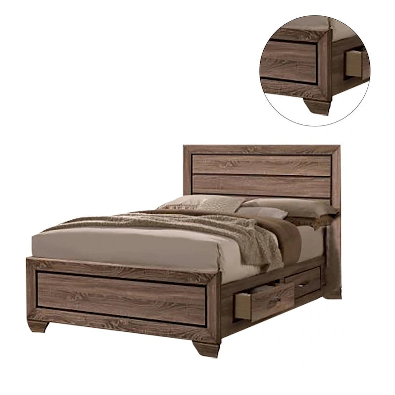 Washed Taupe Wood Grain Bed with Storage Drawers – Queen / King / Cal King