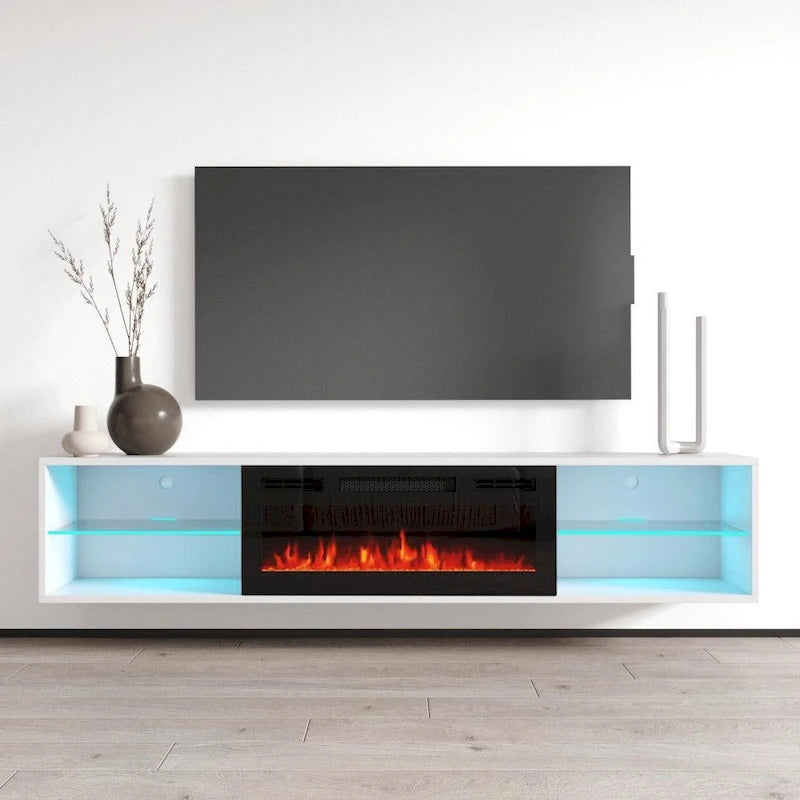 White / Black 72" Wall-Mounted Electric Fireplace TV Stand, 2-Door, Fits Up to 80" TV
