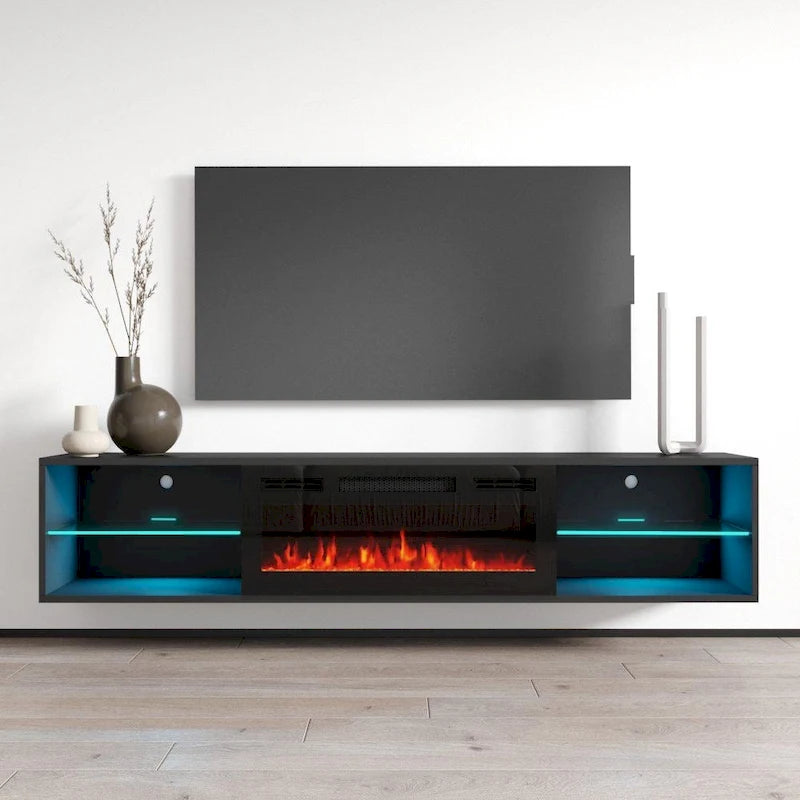 White / Black 72" Wall-Mounted Electric Fireplace TV Stand, 2-Door, Fits Up to 80" TV
