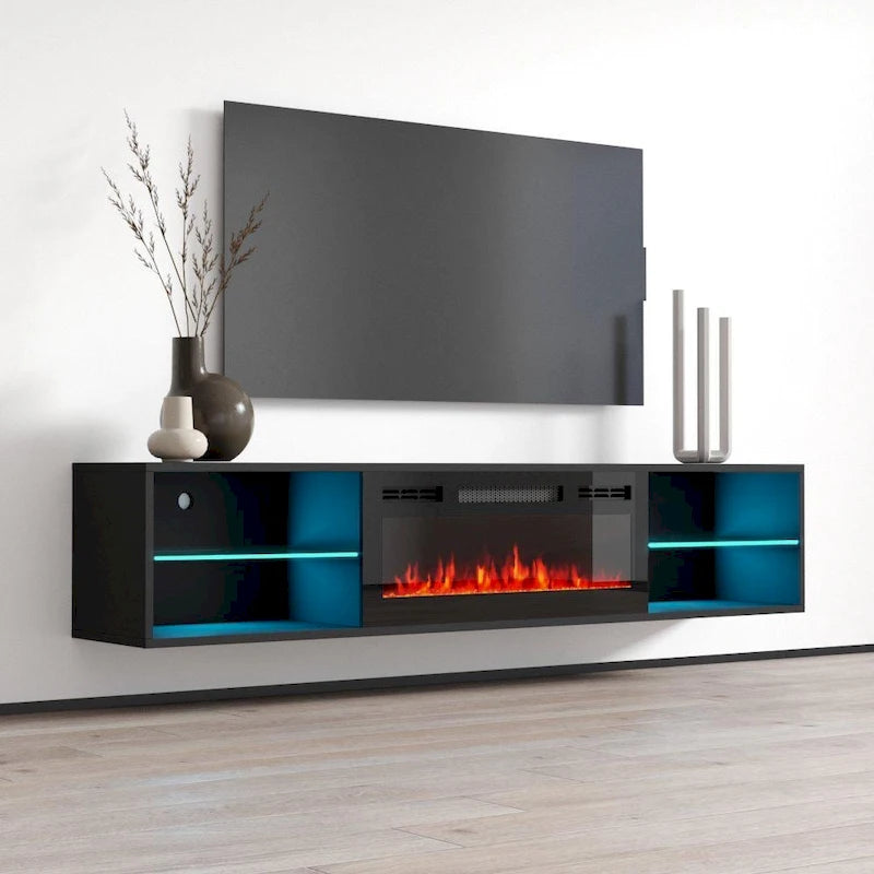 White / Black 72" Wall-Mounted Electric Fireplace TV Stand, 2-Door, Fits Up to 80" TV