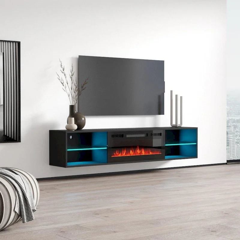 White / Black 72" Wall-Mounted Electric Fireplace TV Stand, 2-Door, Fits Up to 80" TV