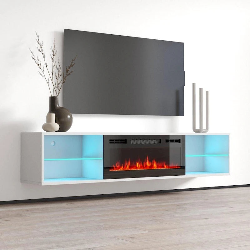 White / Black 72" Wall-Mounted Electric Fireplace TV Stand, 2-Door, Fits Up to 80" TV