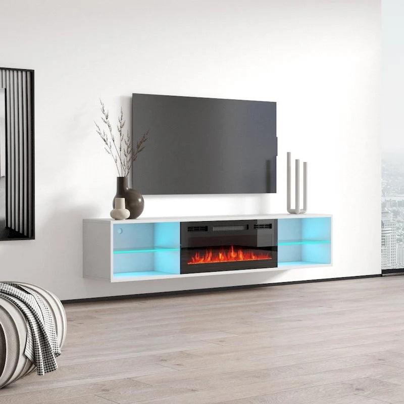 White / Black 72" Wall-Mounted Electric Fireplace TV Stand, 2-Door, Fits Up to 80" TV