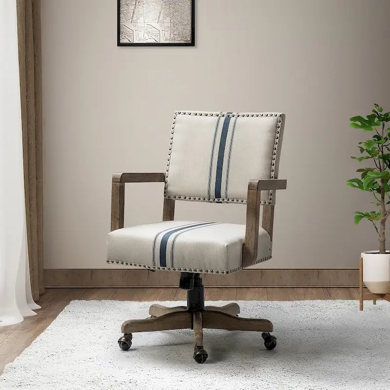 Linen / Navy / Grey Mid-Back Swivel Height-Adjustable Task Chair with Nailhead Trim, Single