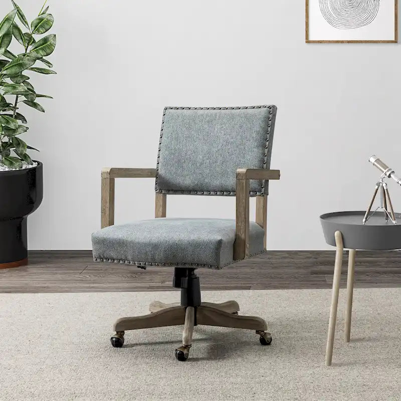 Linen / Navy / Grey Mid-Back Swivel Height-Adjustable Task Chair with Nailhead Trim, Single