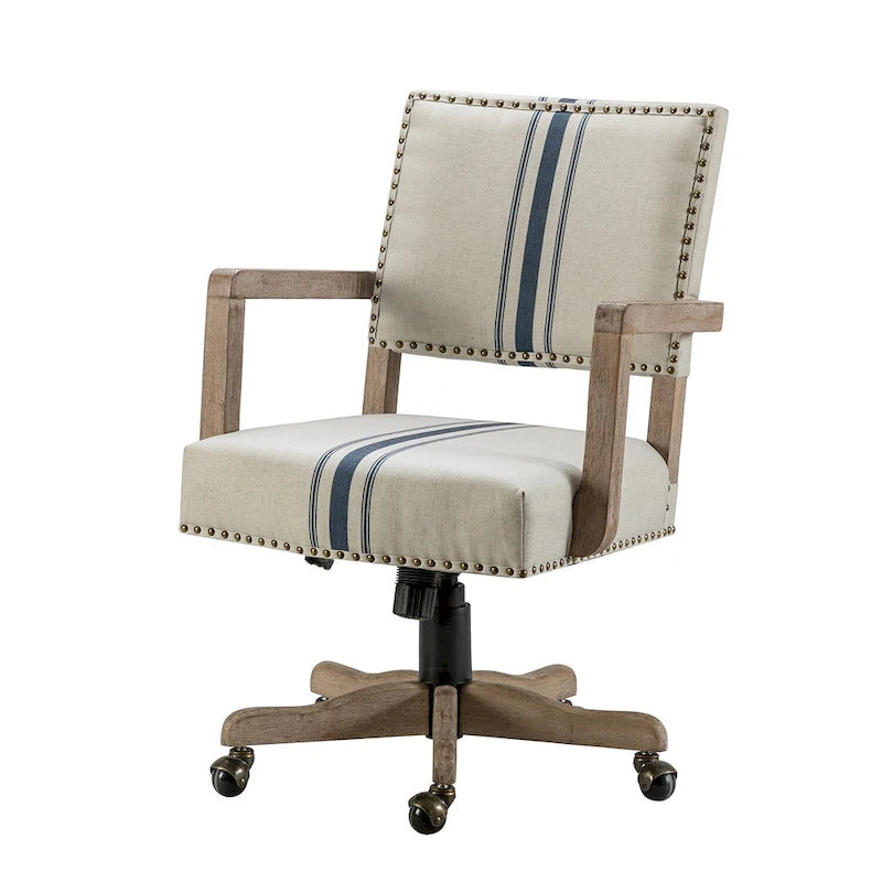 Linen / Navy / Grey Mid-Back Swivel Height-Adjustable Task Chair with Nailhead Trim, Single