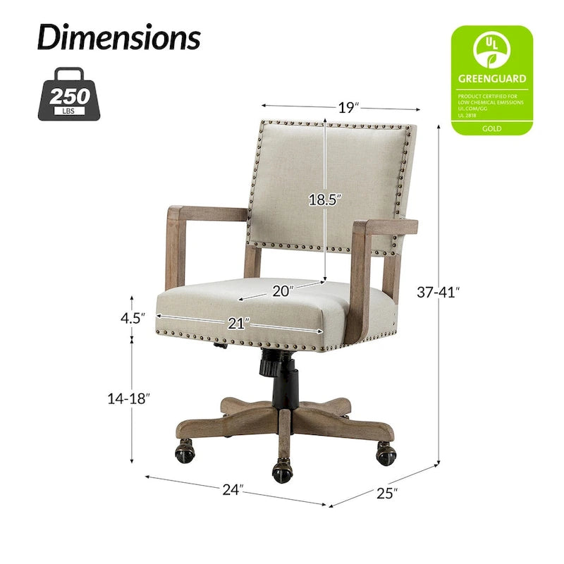 Linen / Navy / Grey Mid-Back Swivel Height-Adjustable Task Chair with Nailhead Trim, Single