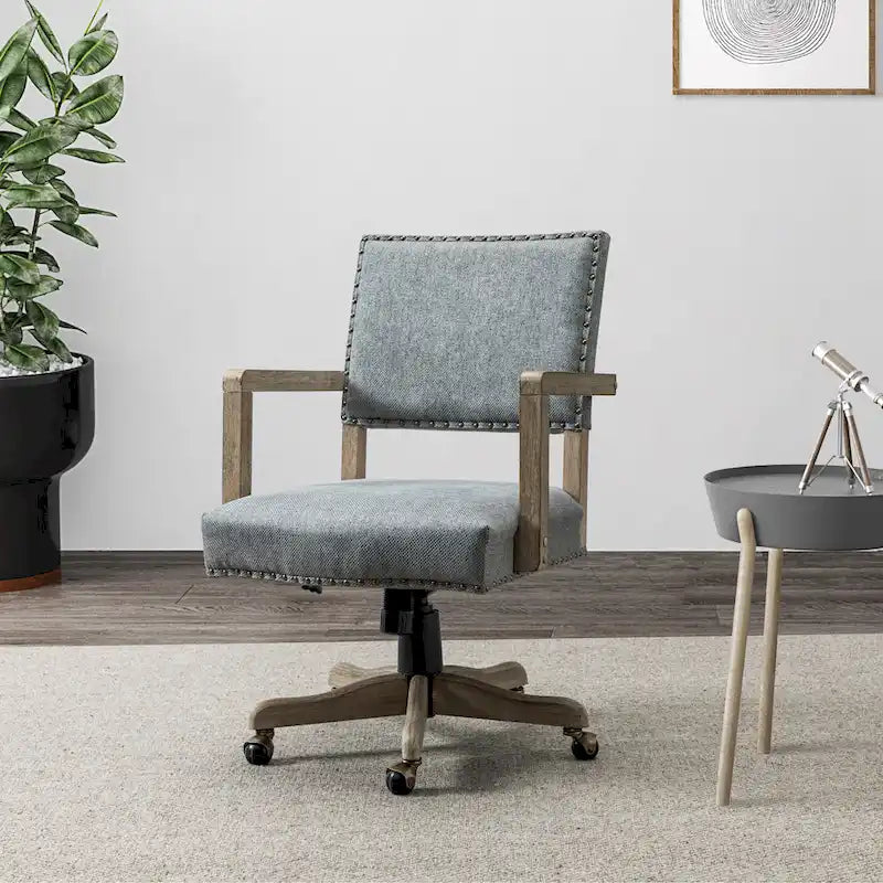 Linen / Navy / Grey Mid-Back Swivel Height-Adjustable Task Chair with Nailhead Trim, Single