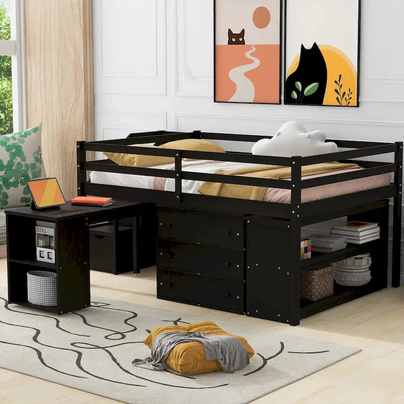 Espresso Full Size Loft Bed with Retractable Desk, 3 Drawers & Storage Stairs – 1 Person