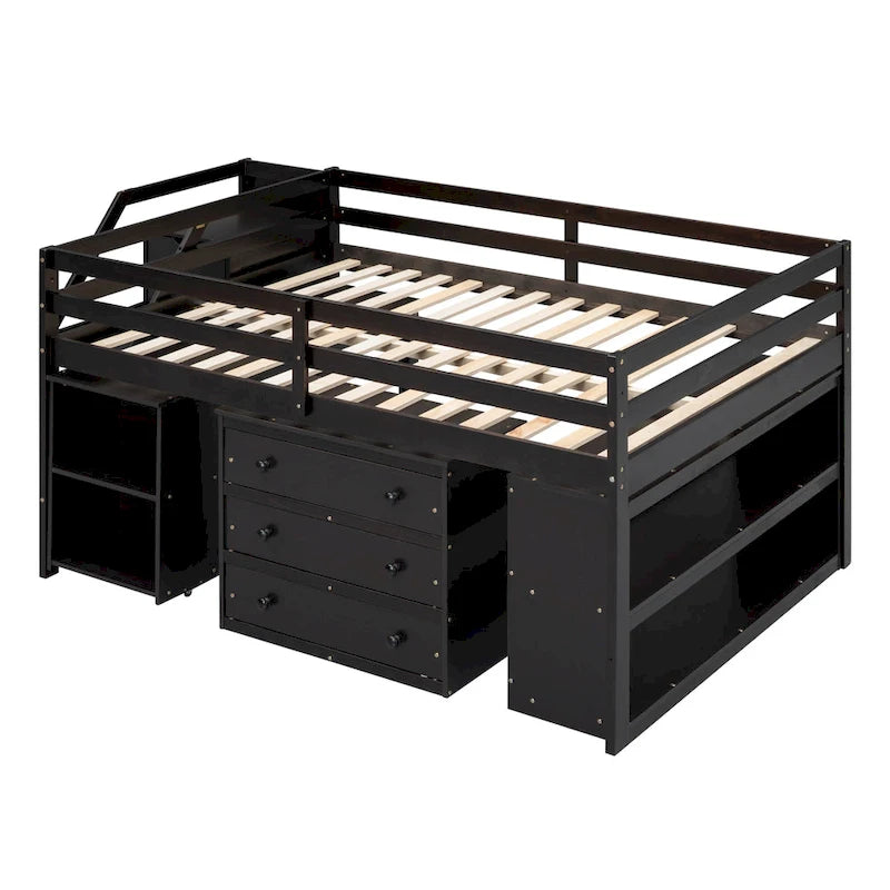 Espresso Full Size Loft Bed with Retractable Desk, 3 Drawers & Storage Stairs – 1 Person