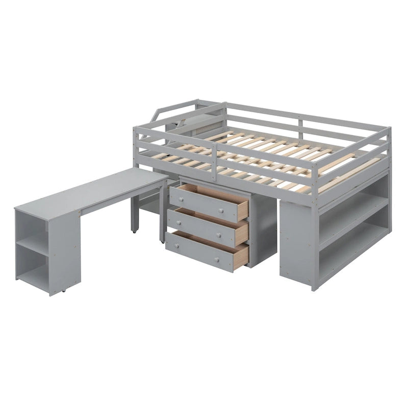 Espresso Full Size Loft Bed with Retractable Desk, 3 Drawers & Storage Stairs – 1 Person