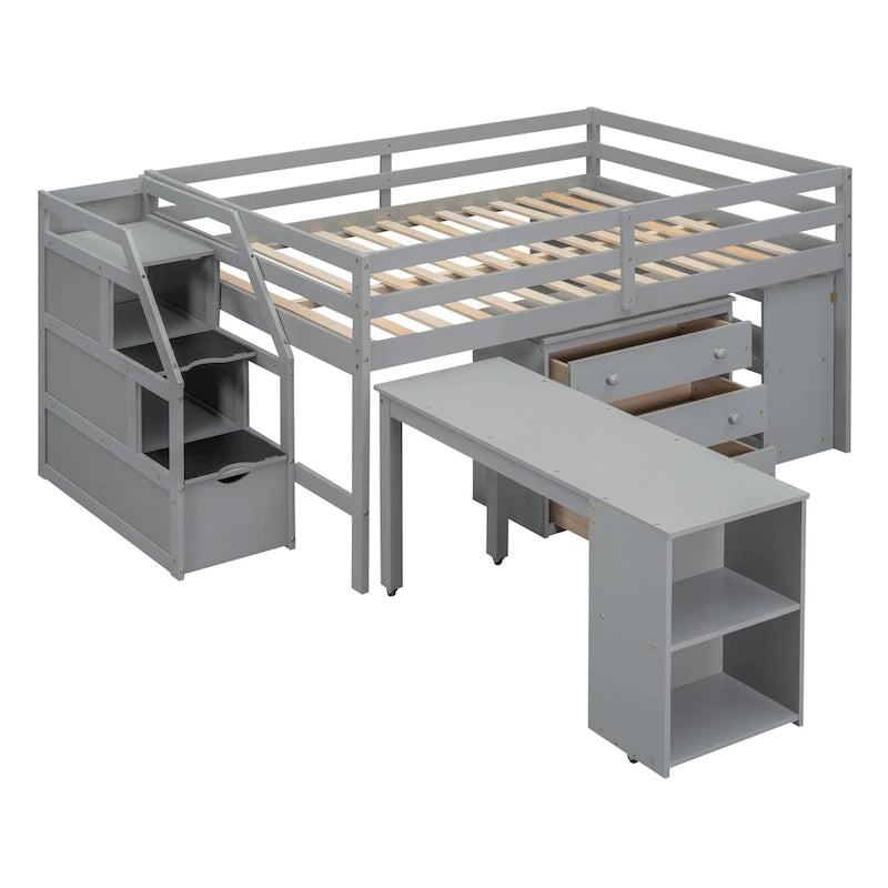 Espresso Full Size Loft Bed with Retractable Desk, 3 Drawers & Storage Stairs – 1 Person