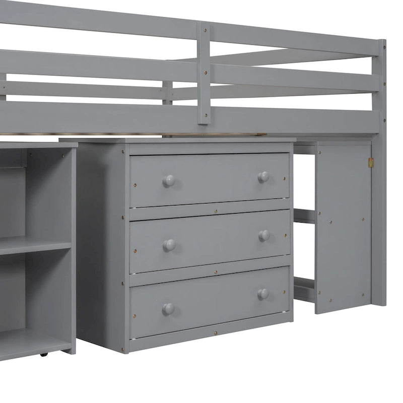 Espresso Full Size Loft Bed with Retractable Desk, 3 Drawers & Storage Stairs – 1 Person