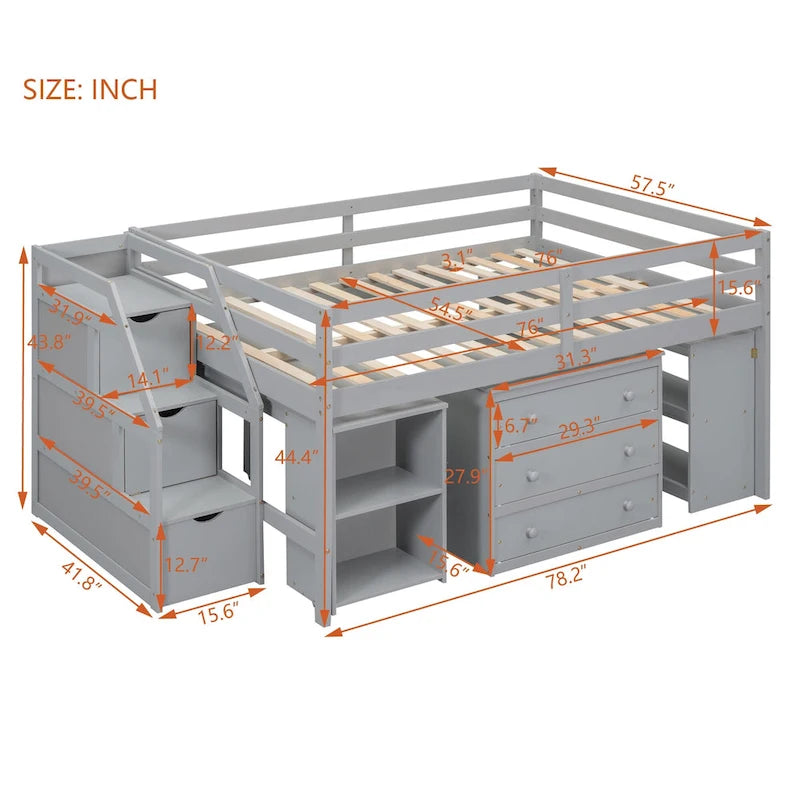 Espresso Full Size Loft Bed with Retractable Desk, 3 Drawers & Storage Stairs – 1 Person