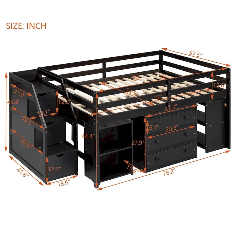 Espresso Full Size Loft Bed with Retractable Desk, 3 Drawers & Storage Stairs – 1 Person