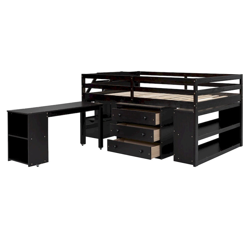 Espresso Full Size Loft Bed with Retractable Desk, 3 Drawers & Storage Stairs – 1 Person