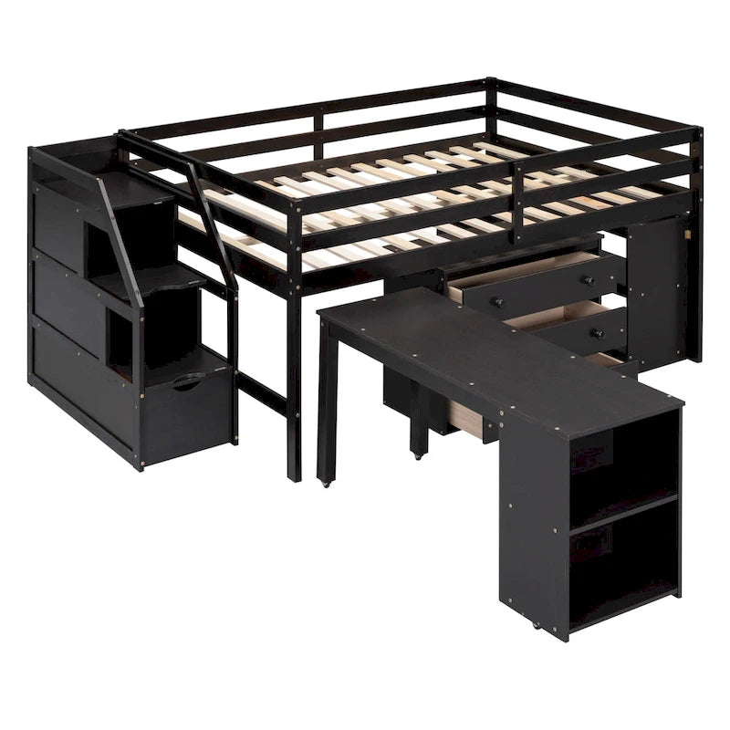 Espresso Full Size Loft Bed with Retractable Desk, 3 Drawers & Storage Stairs – 1 Person