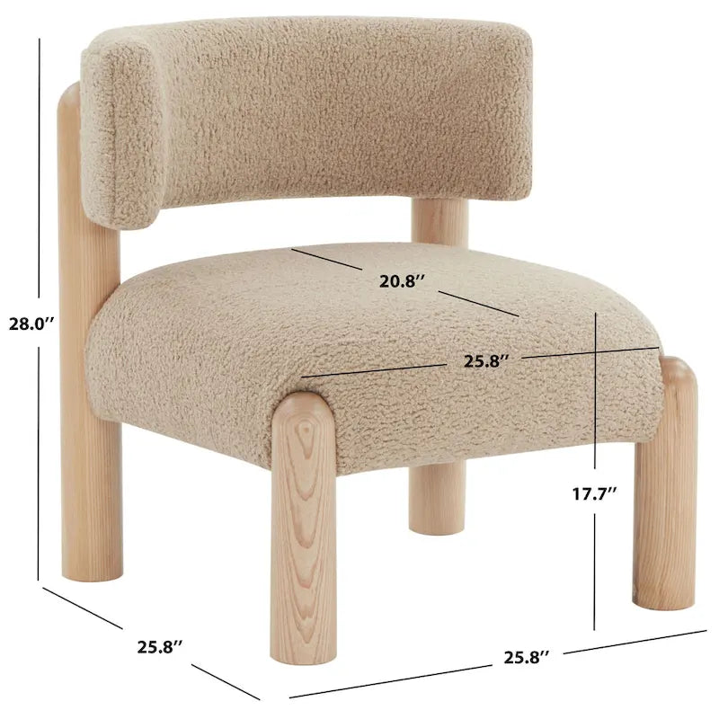 Ivory / Cream / Light Brown Faux Shearling Accent Chair, Natural / Black Legs, Single Seat – 26"W x 26"D x 28"H