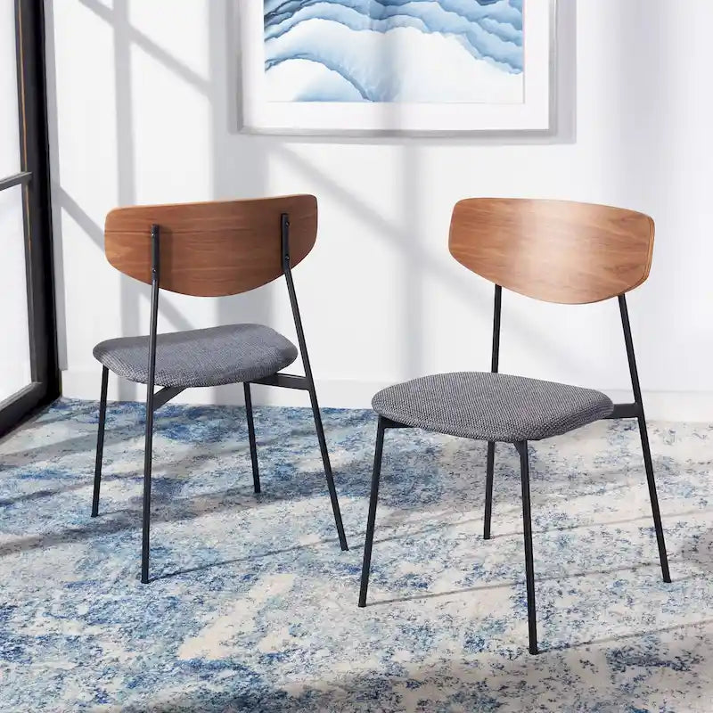 Dining Chair Set of 2, Mid-Century Style, Oak/Walnut Frame with Grey/Black Cushion
