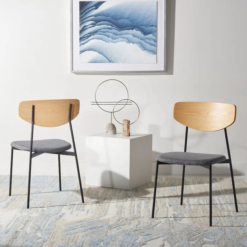 Dining Chair Set of 2, Mid-Century Style, Oak/Walnut Frame with Grey/Black Cushion