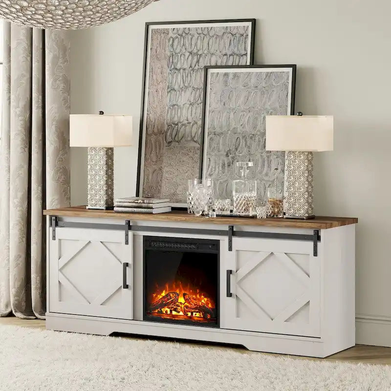 White Farmhouse Sliding Barn Door Fireplace TV Stand for Up to 65" TVs