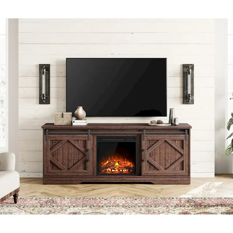 White Farmhouse Sliding Barn Door Fireplace TV Stand for Up to 65" TVs