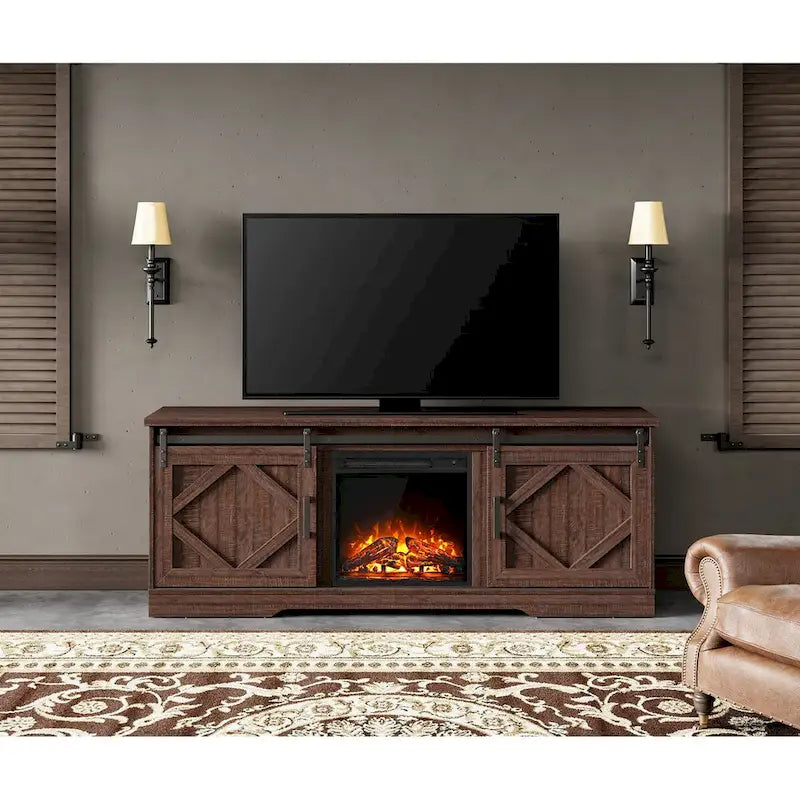 White Farmhouse Sliding Barn Door Fireplace TV Stand for Up to 65" TVs