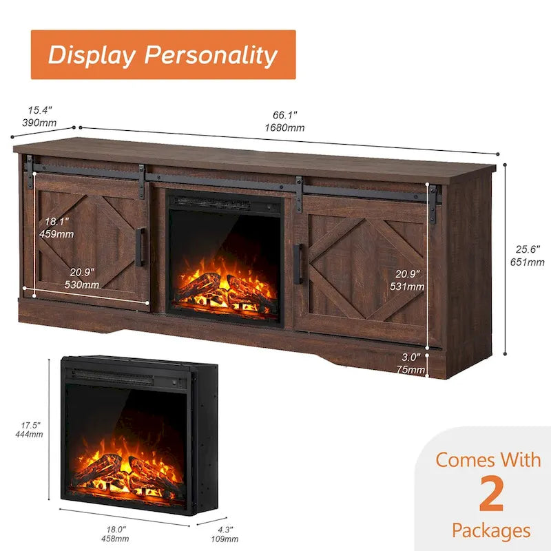 White Farmhouse Sliding Barn Door Fireplace TV Stand for Up to 65" TVs