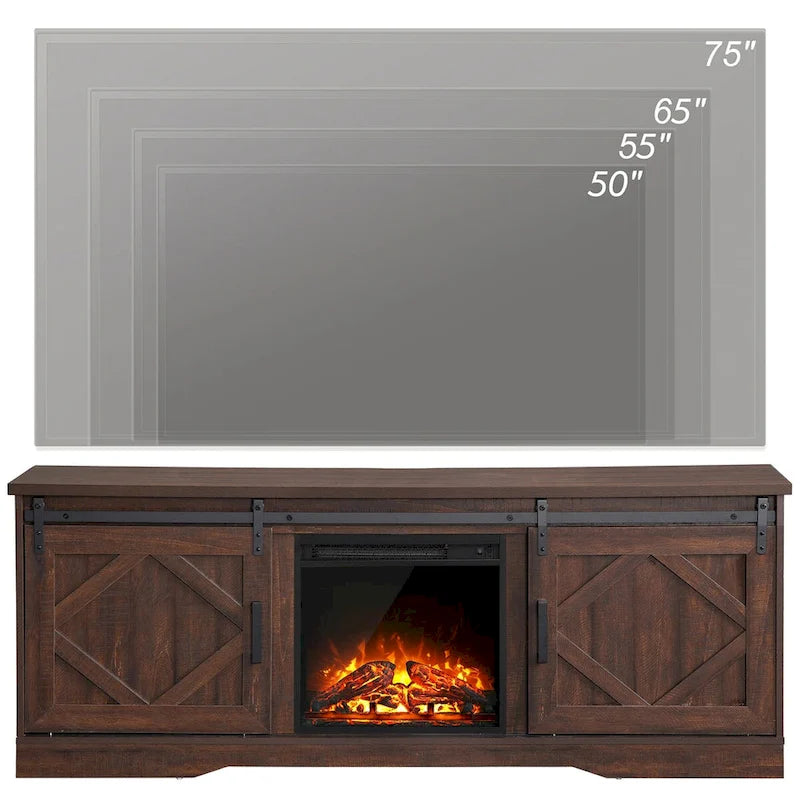 White Farmhouse Sliding Barn Door Fireplace TV Stand for Up to 65" TVs