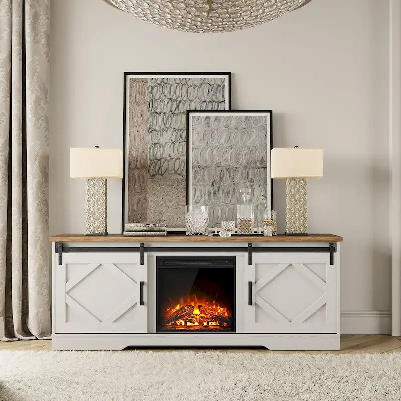White Farmhouse Sliding Barn Door Fireplace TV Stand for Up to 65" TVs
