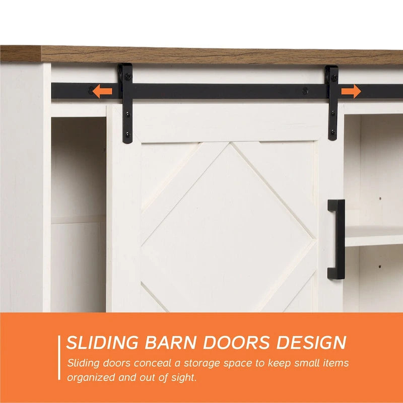 White Farmhouse Sliding Barn Door Fireplace TV Stand for Up to 65" TVs