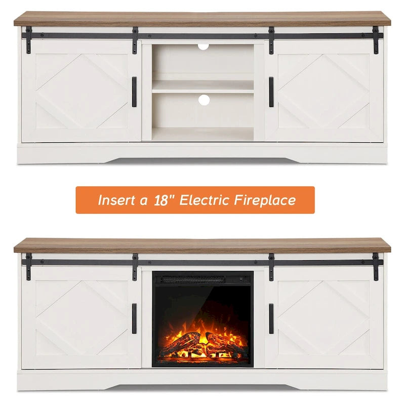 White Farmhouse Sliding Barn Door Fireplace TV Stand for Up to 65" TVs