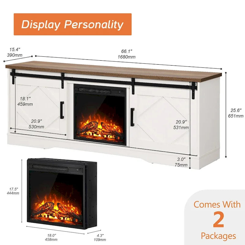 White Farmhouse Sliding Barn Door Fireplace TV Stand for Up to 65" TVs