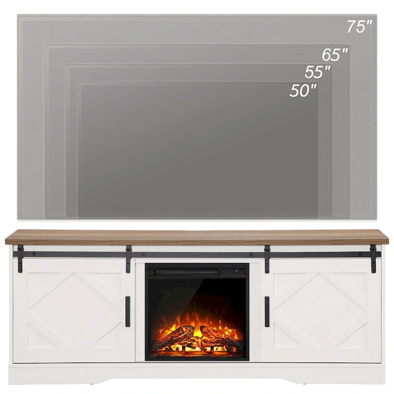 White Farmhouse Sliding Barn Door Fireplace TV Stand for Up to 65" TVs