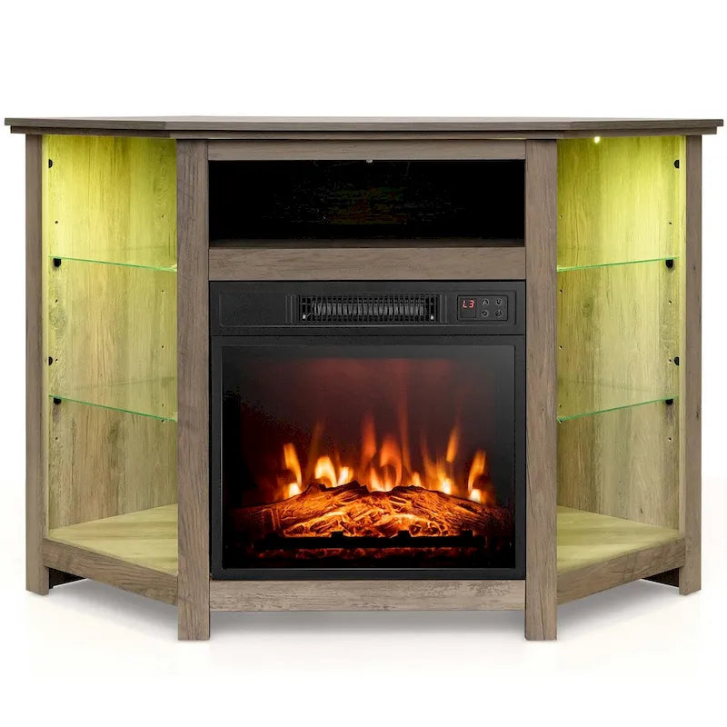 Grey / Rustic / Black Corner TV Stand with 18" Electric Fireplace & LED Lights, Fits TVs up to 50"