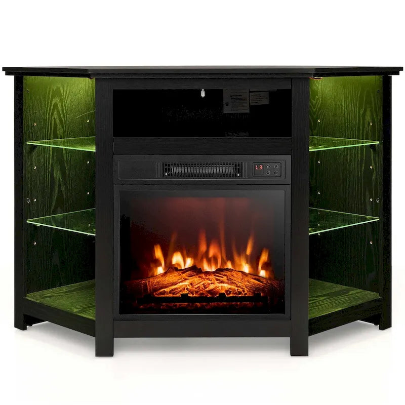 Grey / Rustic / Black Corner TV Stand with 18" Electric Fireplace & LED Lights, Fits TVs up to 50"