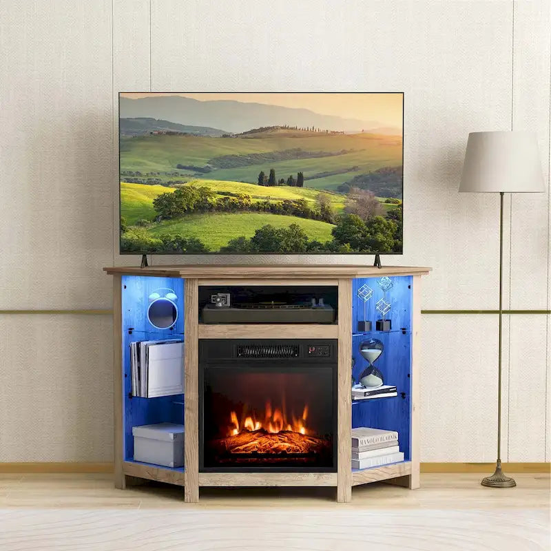 Grey / Rustic / Black Corner TV Stand with 18" Electric Fireplace & LED Lights, Fits TVs up to 50"