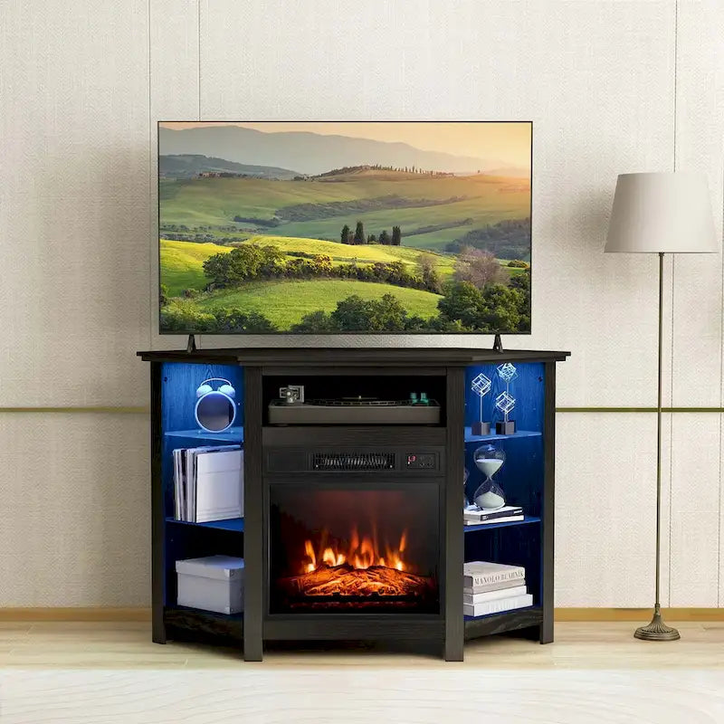 Grey / Rustic / Black Corner TV Stand with 18" Electric Fireplace & LED Lights, Fits TVs up to 50"