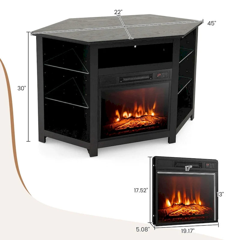 Grey / Rustic / Black Corner TV Stand with 18" Electric Fireplace & LED Lights, Fits TVs up to 50"