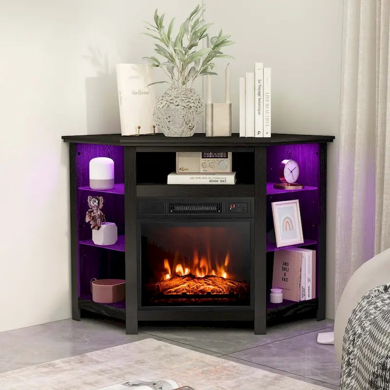 Grey / Rustic / Black Corner TV Stand with 18" Electric Fireplace & LED Lights, Fits TVs up to 50"