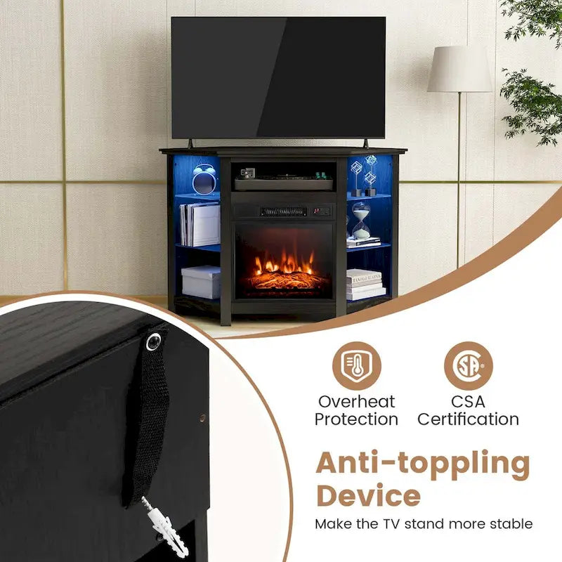 Grey / Rustic / Black Corner TV Stand with 18" Electric Fireplace & LED Lights, Fits TVs up to 50"