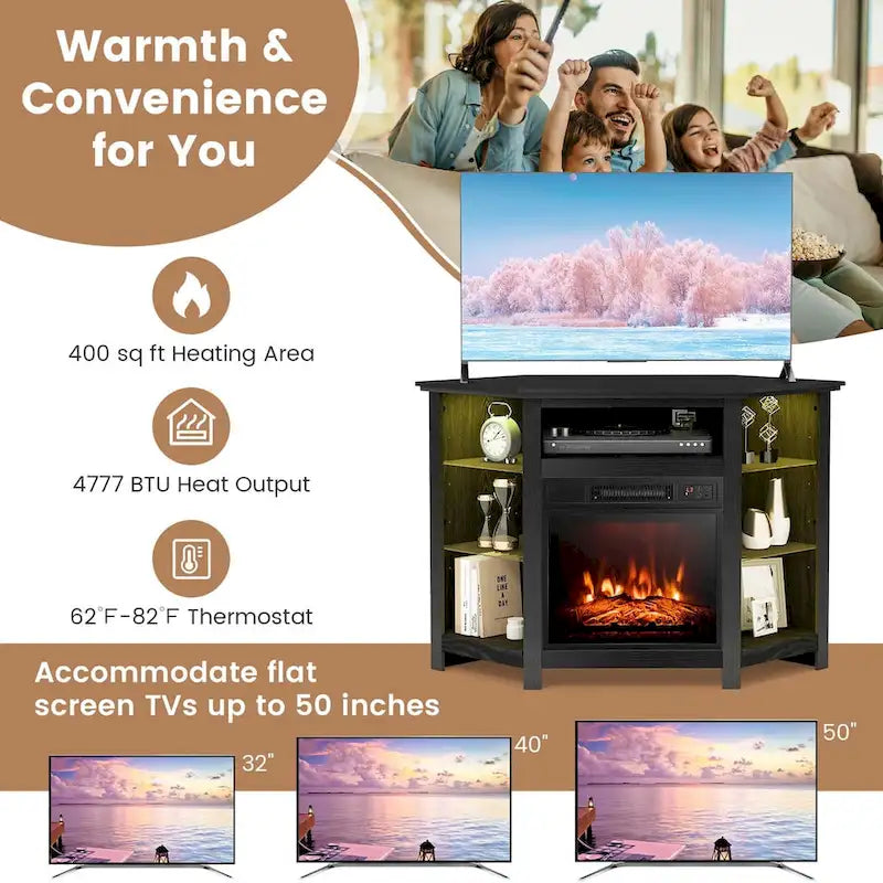 Grey / Rustic / Black Corner TV Stand with 18" Electric Fireplace & LED Lights, Fits TVs up to 50"