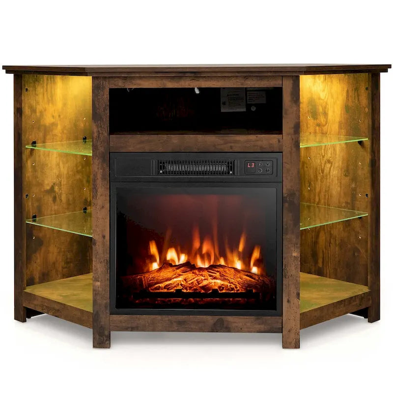 Grey / Rustic / Black Corner TV Stand with 18" Electric Fireplace & LED Lights, Fits TVs up to 50"