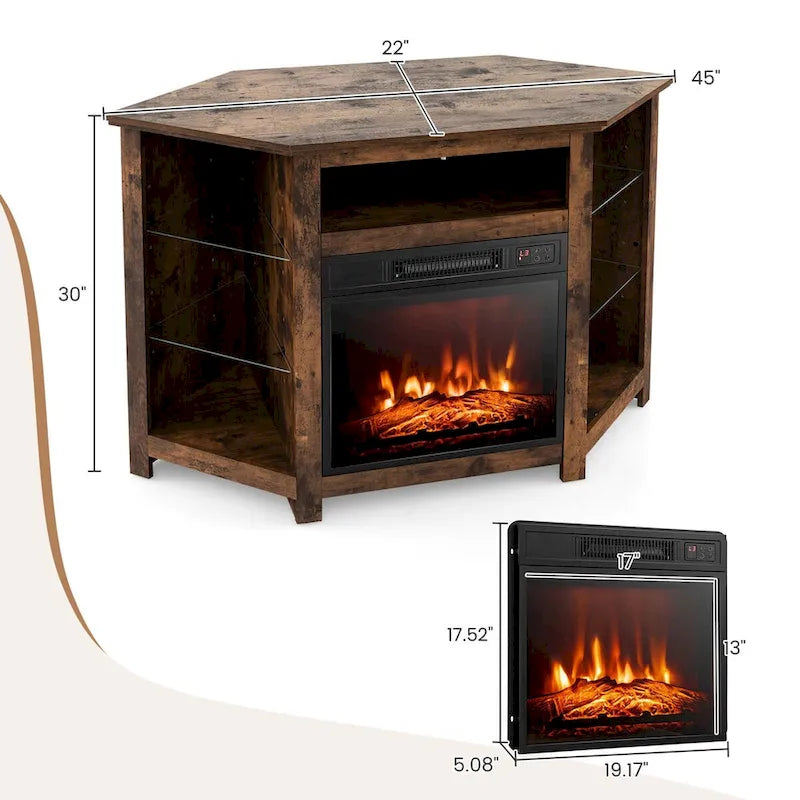 Grey / Rustic / Black Corner TV Stand with 18" Electric Fireplace & LED Lights, Fits TVs up to 50"