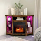 Grey / Rustic / Black Corner TV Stand with 18" Electric Fireplace & LED Lights, Fits TVs up to 50"
