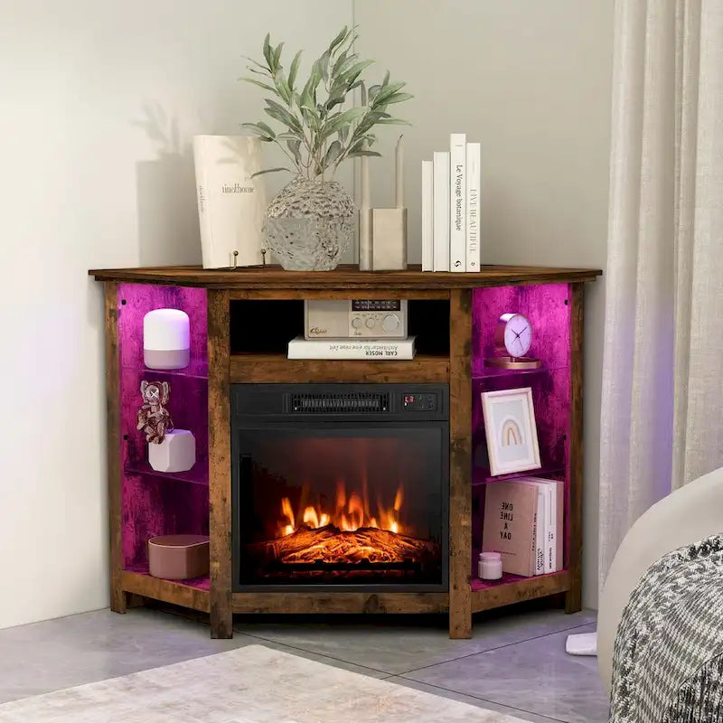Grey / Rustic / Black Corner TV Stand with 18" Electric Fireplace & LED Lights, Fits TVs up to 50"
