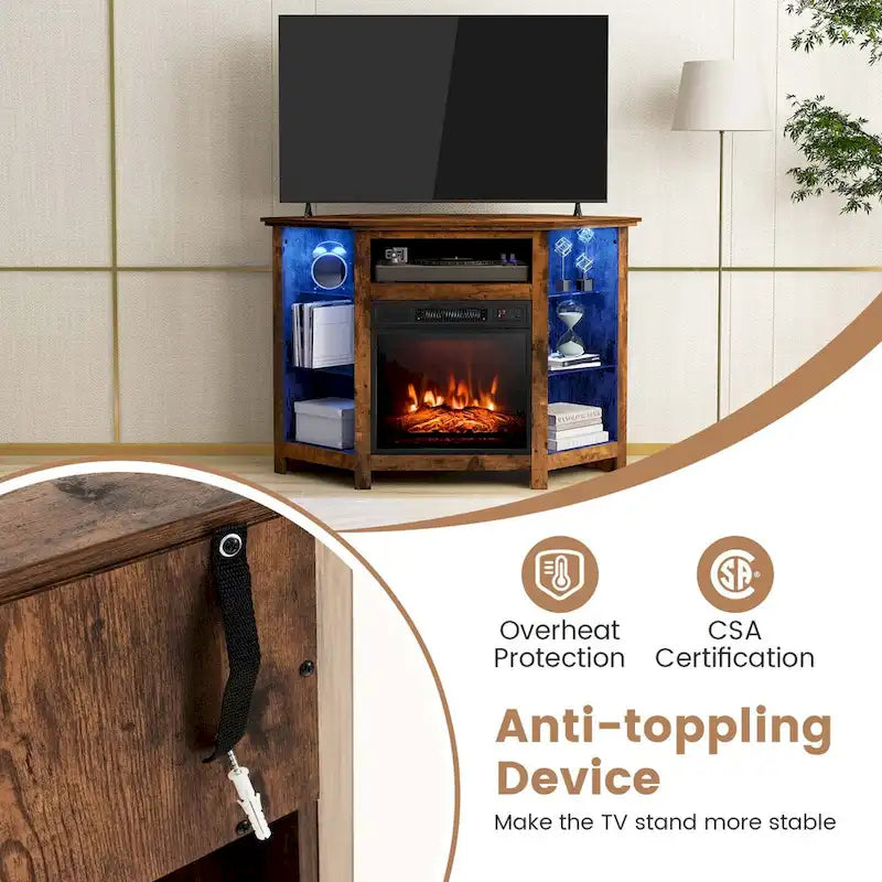 Grey / Rustic / Black Corner TV Stand with 18" Electric Fireplace & LED Lights, Fits TVs up to 50"