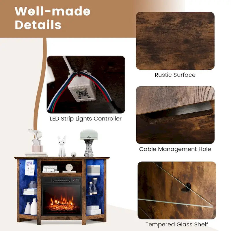 Grey / Rustic / Black Corner TV Stand with 18" Electric Fireplace & LED Lights, Fits TVs up to 50"